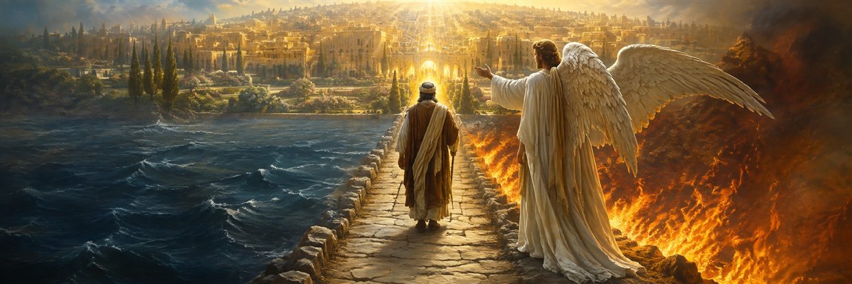 Ezra and Uriel contemplate a narrow path between fire and water leading toward a spacious radiant city